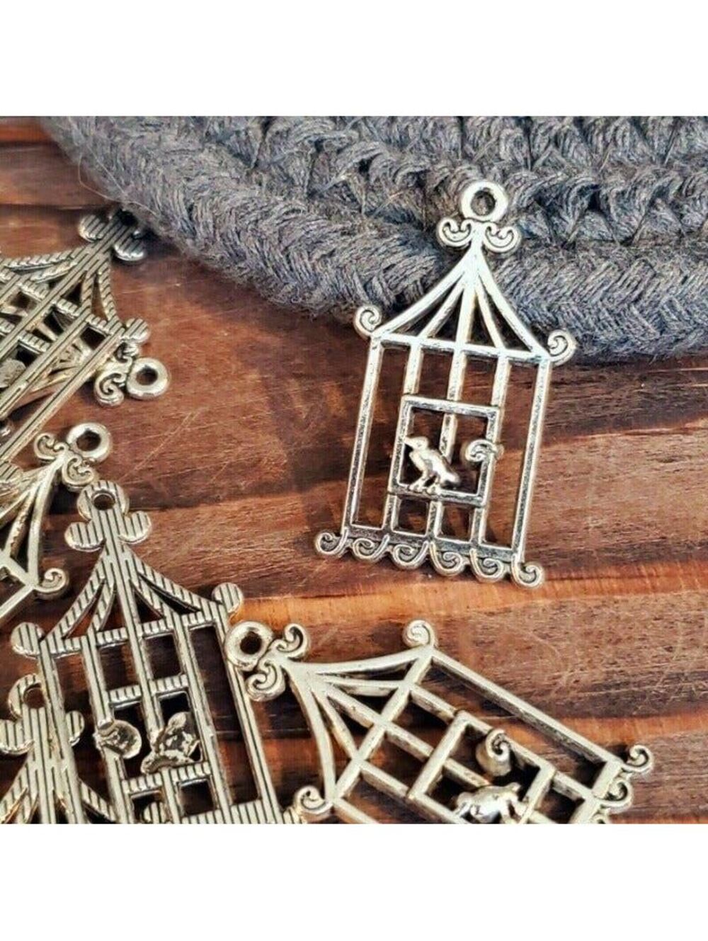 Antique Silver Pewter Art Deco Nouveau Bird & Cage Pendants 29x18mm 10 pcs